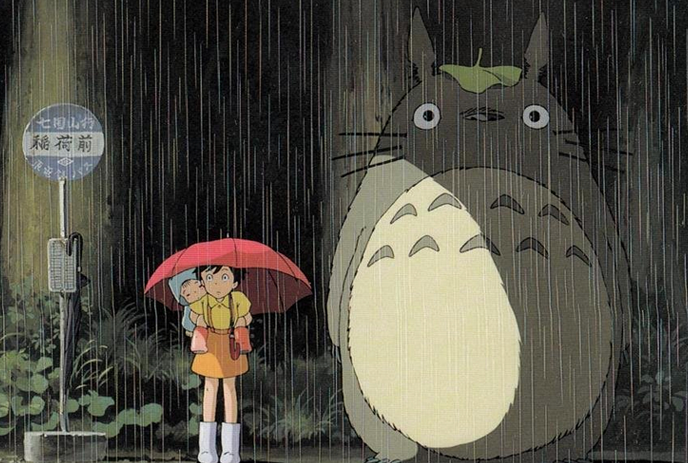 An anime scene where a boy is carrying a baby on his back under an umbrella with a giant friendly egg shaped monster