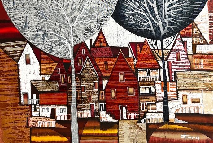 Abstract painting of a village with red and brown houses, large stylized trees, and various muted textures.