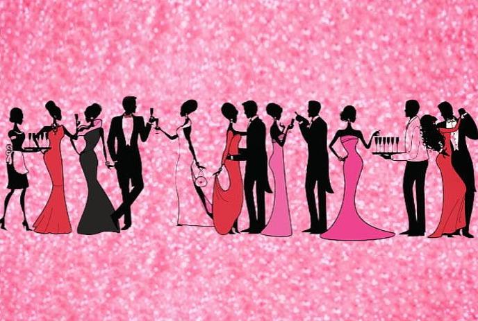 People in black dresses and tuxes mingle with people in pink dresses.