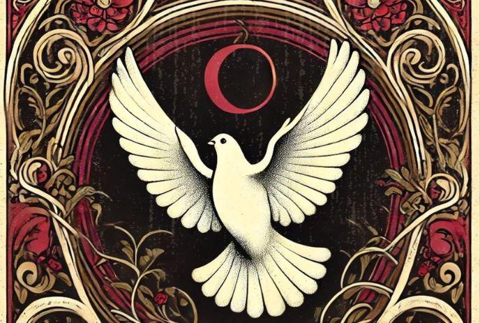 White dove illustrated mid-flight before a vivid red crescent moon; ornate golden floral designs embellish black backdrop.