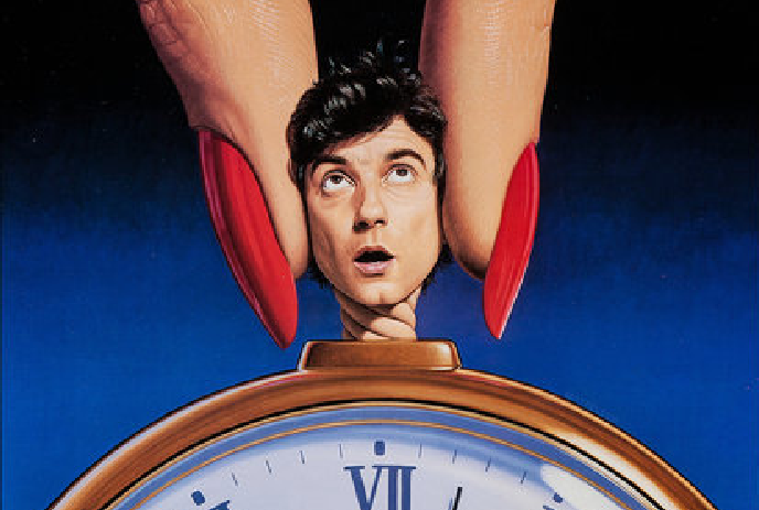 A pair of large, red-nailed hands holding a small figure by the head, positioned above a Roman numeral clock