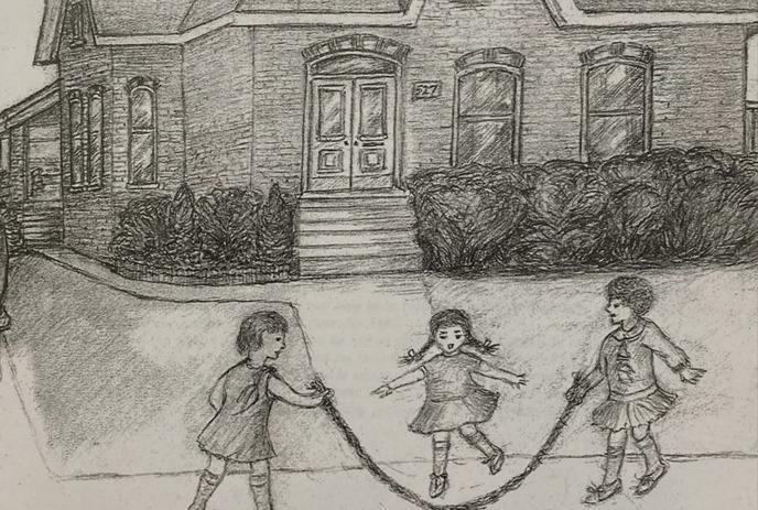 A pencil drawing depicting three young girls playing jump rope in front of a house with the address number 527.