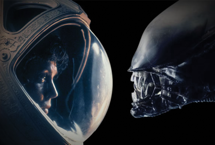 An astronaut in a space helmet faces a menacing extraterrestrial creature with a shiny, elongated head and sharp teeth.
