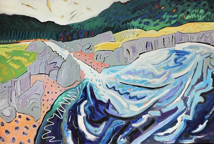 A colorful abstract painting of swirling waters and rugged shoreline.