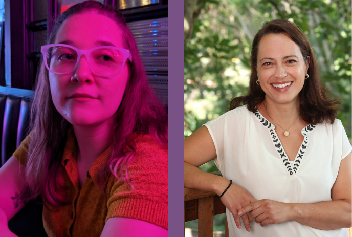 Two women pictured: one in pink light and glasses, the other outdoors in a white dress, smiling.