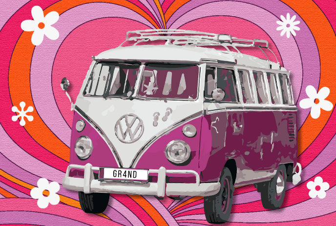 Pink and white Volkswagon van with Grand on it's license plate.