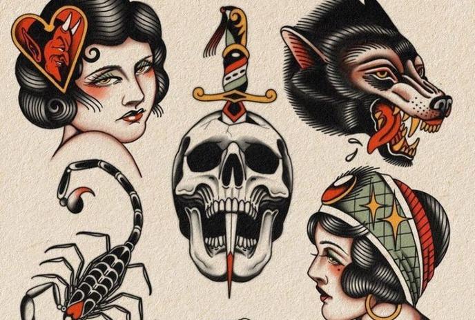 Six traditional tattoo designs with bold lines and vibrant colors.
