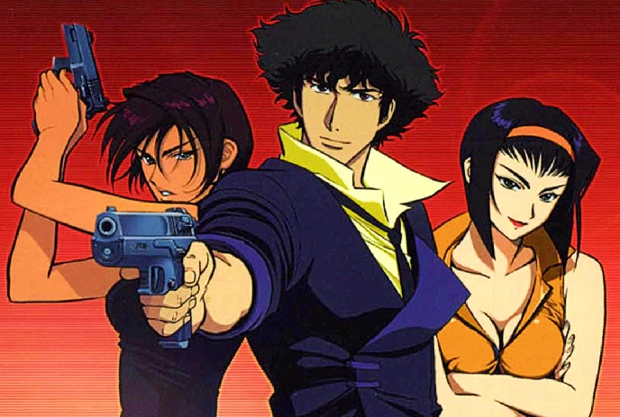 Three animated characters from the anime series 'Cowboy Bebop' are in dramatic poses with guns drawn, under red background.