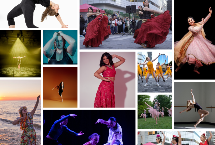 A collage of dancers in various poses and settings, showcasing diverse dance forms and colorful costumes.