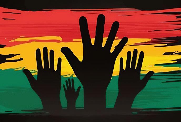 A collection of black silhouetted hands raised against a vibrant background of horizontal red, yellow, and green stokes.