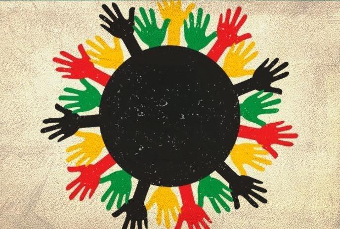 A logo of coloured hands around a black circle representing black history month.