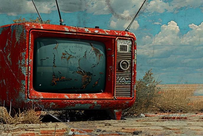 A vintage red television with antennas sits against a bright blue sky with fluffy white clouds.