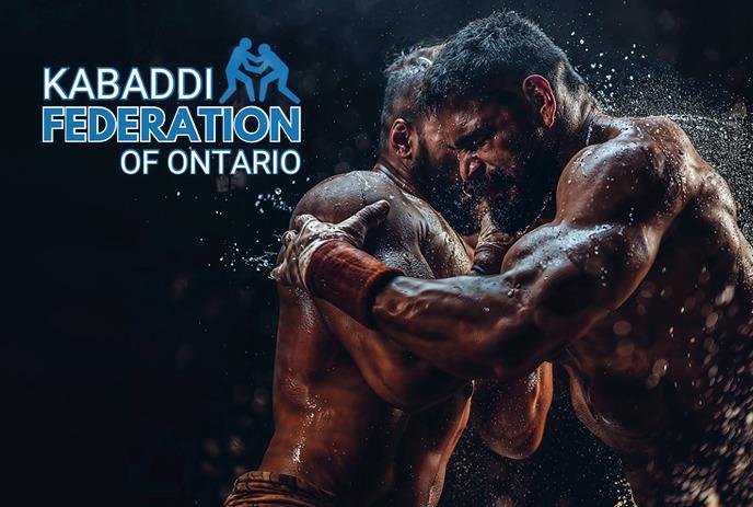 Logo of Kabaddi Federation of Ontario with text and two figures grappling on a dark blue background.