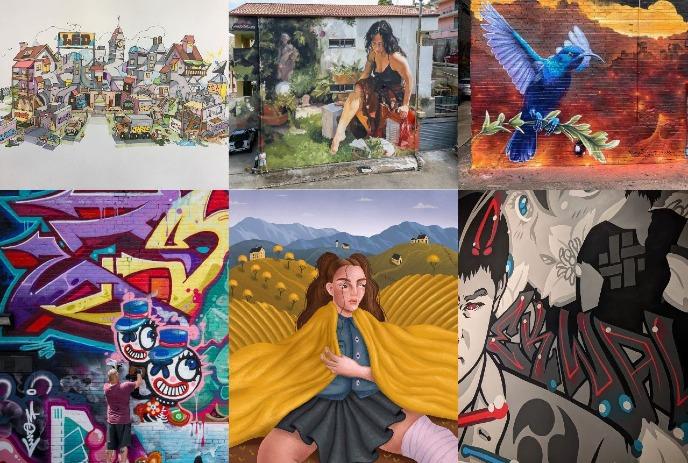 Collage of six street art pieces, featuring abstract patterns, characters, and realistic depictions of people and animals.