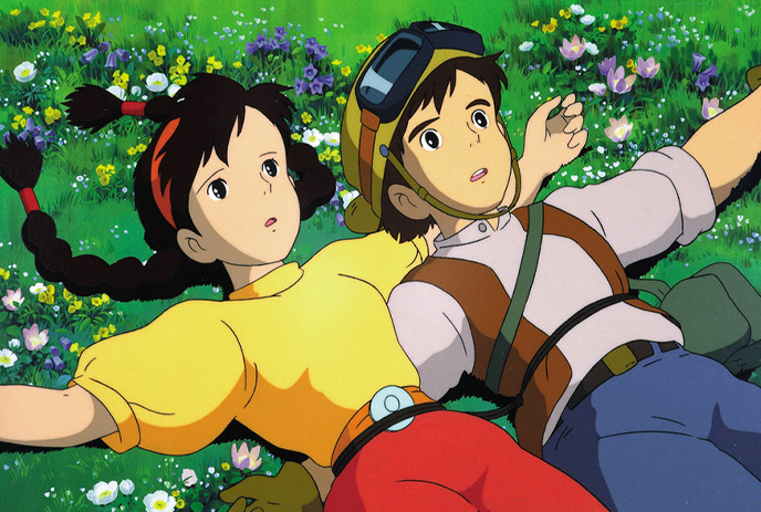 Two animated characters lie in a lush green field with flowers, enjoying a peaceful moment.