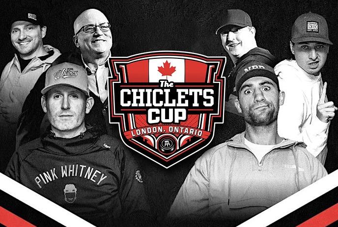 Logo of The Chiclets Cup in London, Ontario, with six people and text ‘Pink Whitney’ at the bottom in the dark background.