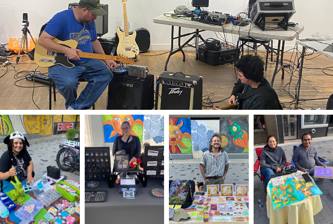 A collage of photos showing various people engaged in activities with musical instruments and with collectibles.