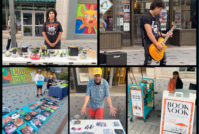 A collage of people displaying their art on Dundas Place at previous Community Art Crawls.