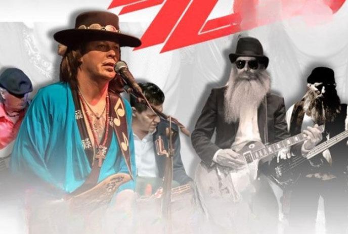 A mashed image Stevie Ray Vaughan & ZZ Top, playing their instruments.