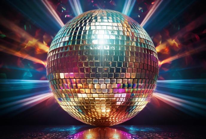 A disco-themed graphic features a giant mirror ball with a rainbow ring, set against a starry space background.