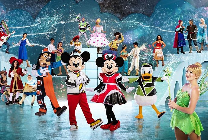 Numerous Disney characters on ice skates, behind Tinkerbell, Mickey, Minnie and Donald.