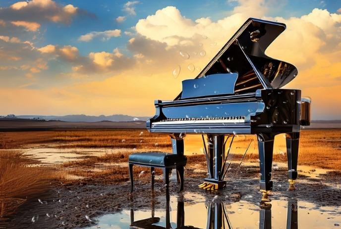 A grand piano sits in a serene, reflective landscape at sunset, surrounded by water and bubbles.