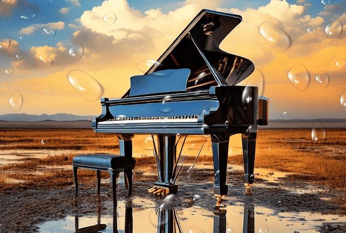 A grand piano sits in a serene, reflective landscape at sunset, surrounded by water and bubbles.