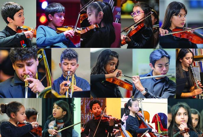 A montage of children playing various instruments from the El Sistema Aeolian group