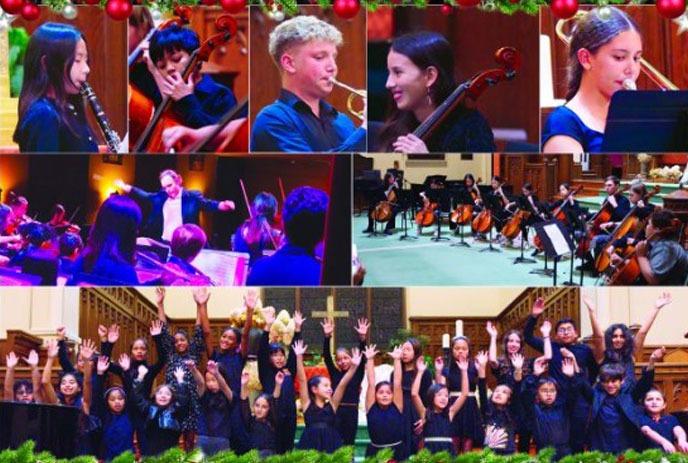 A collage of kids performing on stage for El Sistema.