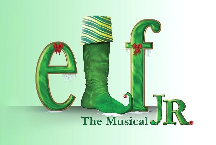 A green elf shoe with a curled toe and a red bell at the tip. The background is a light green shade, adding a festive look.