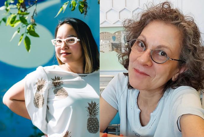 Two women are smiling in separate portraits. The left has white glasses and a pineapple shirt; the right has curly hair.