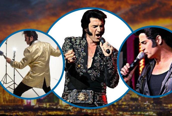 Elvis Presley impersonators in circular portraits against a colorful Las Vegas skyline. There’s an marquee sign on the left.