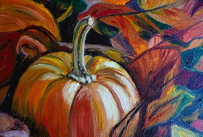 A colourful painting of a pumpkin.