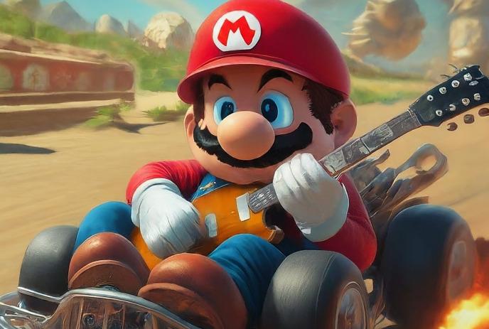 Mario drives a go-kart while holding a guitar, blending racing and music. The background is blurred, suggesting motion.