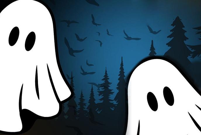 A cartoon ghost with a forest and bats silhouette in the background, creating a spooky Halloween scene.