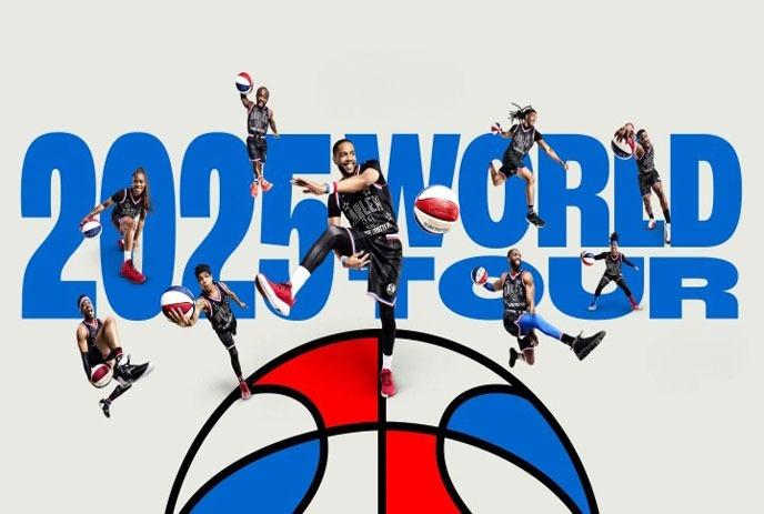 Harlem Globetrotters players perform basketball tricks in mid-air, promoting their 2025 World Tour.