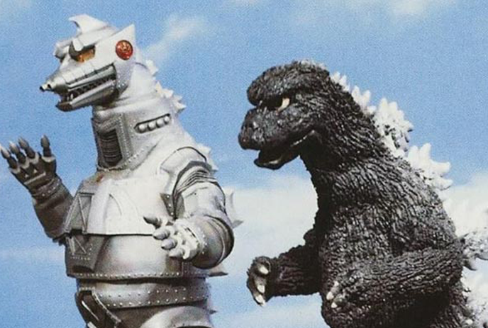 Two large creatures, one robotic with red eyes and one resembling a dinosaur with white spikes, stand side by side.