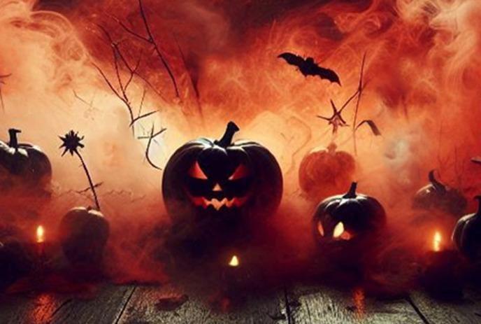 Glowing carved pumpkins and a flying bat silhouette in a misty, orange Halloween scene.