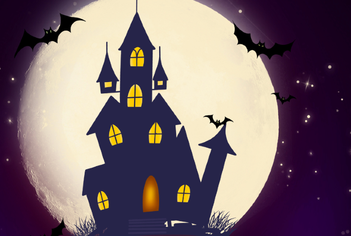 A spooky silhouette of a haunted house with bats flying around and a full moon glowing in the background.