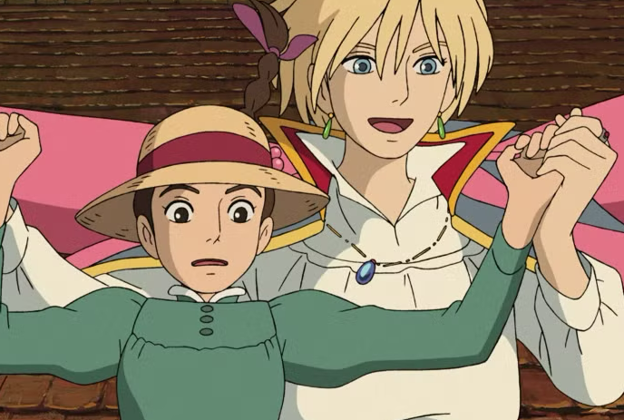 Two animated characters holding hands. One wears a green dress and straw hat, other with a white shirt with a blue pendant.