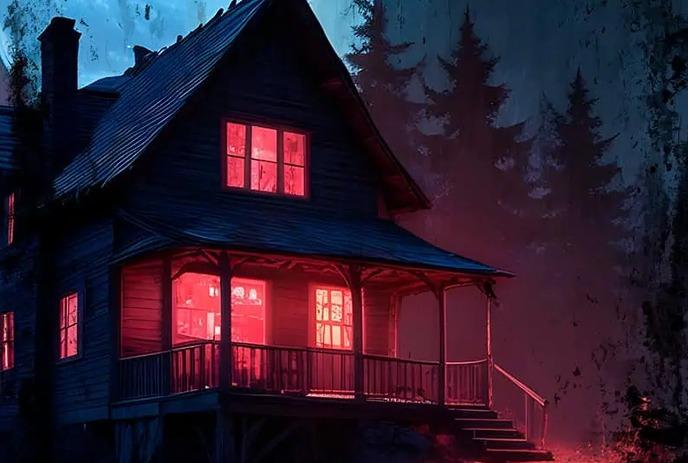 A dimly lit house with glowing red windows, set against a dark forest and night sky, creating an eerie atmosphere.