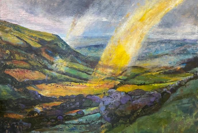 A painting of a golden beam of light, shining across a green valley.