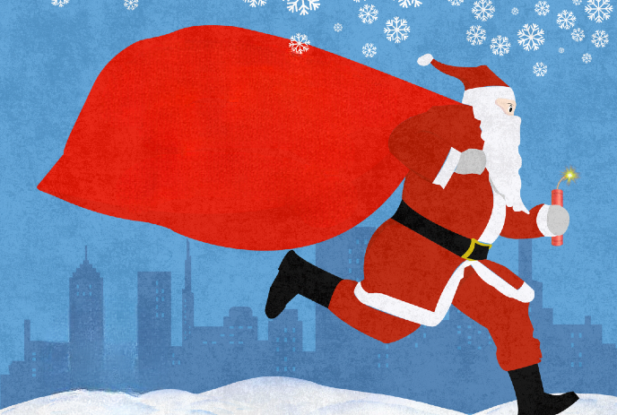 A cartoon Santa Claus runs through a snowy cityscape, holding a lit dynamite stick as snowflakes fall around him.