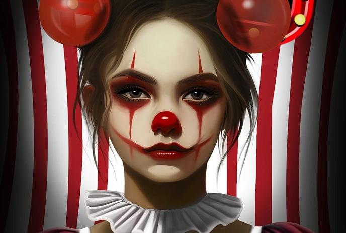 A young female with joker face, red face painted under a white and red stripes background.