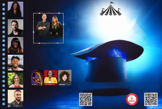 A spotlight shines on a magician's hat with images of nine speakers along the left and bottom, featuring a circus tent logo.