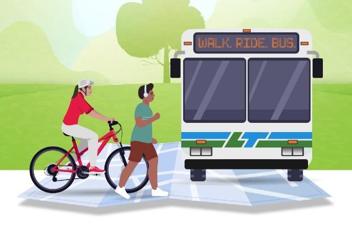 Illustration of a cyclist, a pedestrian, and a bus with the sign 'WALK. RIDE. BUS.' promoting sustainable transportation.