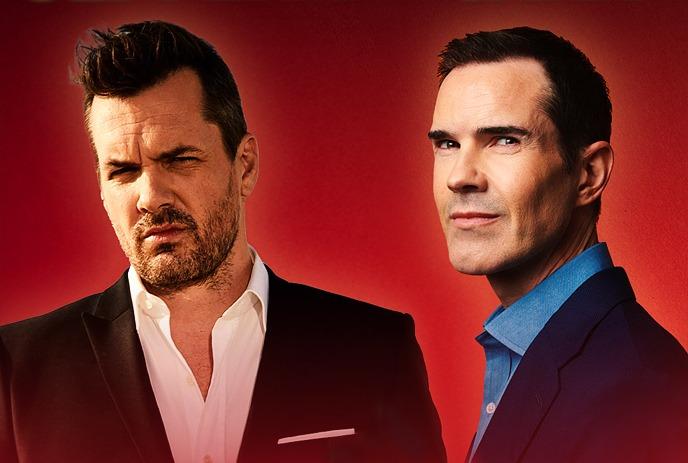 Separate photos of Jim Jefferies and Jimmy Carr, both wearing suites.