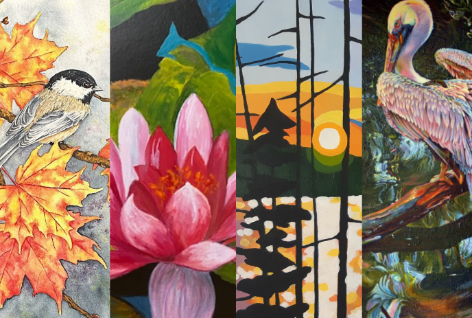 A collage of four paintings: a chickadee, a lily, a sunset, and a pelican.