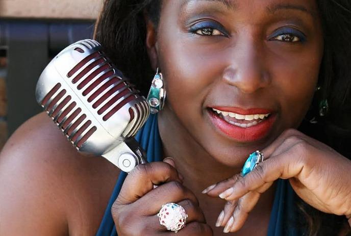 Silhouette of a singer with a microphone and dramatic lighting beside a close-up of a vintage microphone on dark background.