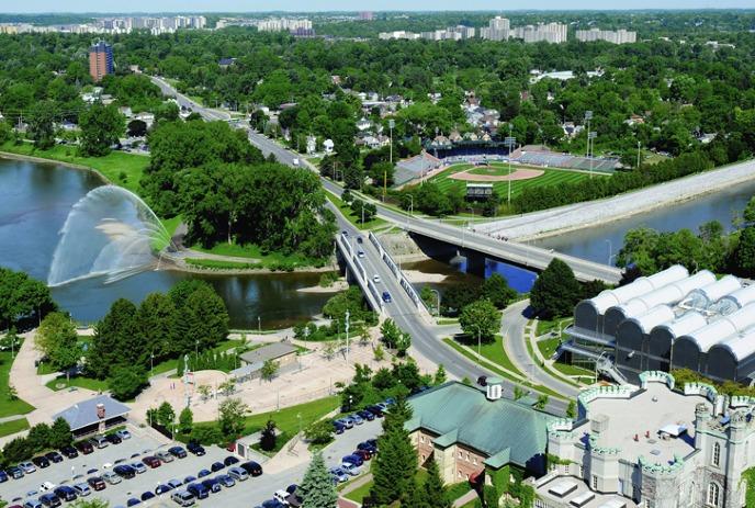 An aerial shot of London Ontario during warm weather.